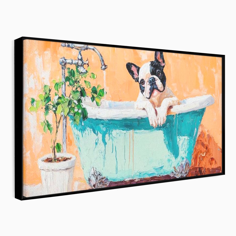 Tablou canvas cu tablou canvas cu bulldog in cada, in rama de aluminiu negru